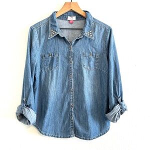 Vintage LEI Cotton Denim Studded Collar Button Down Shirt Blue size XL